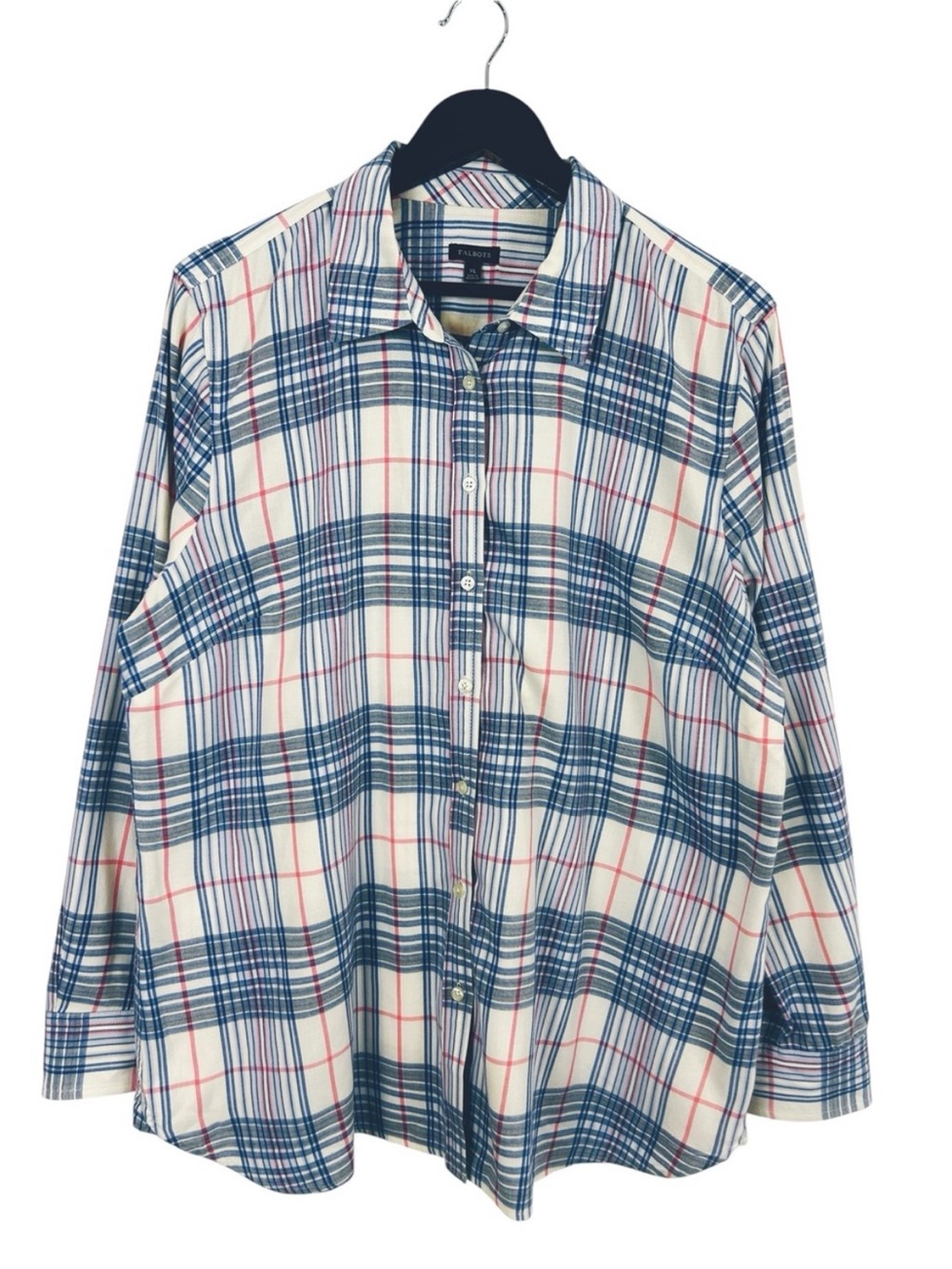 Talbots Blue Plaid Button-Down Shirt Size X-Large 100% Cotton
